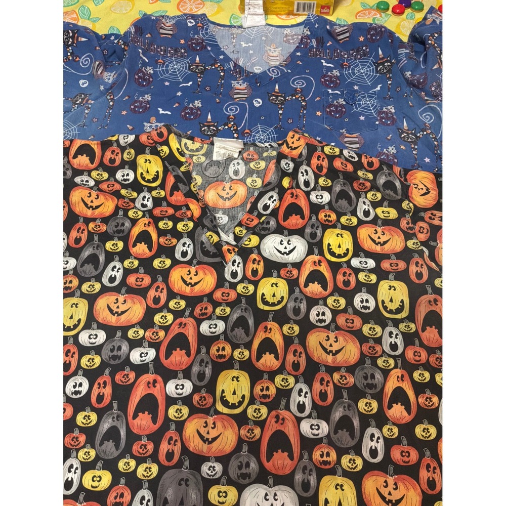 UA Scrubs Halloween Scrub Tops Women XL Blue Black Jack-O-Lantern Cat Bundle